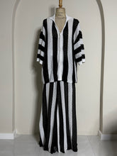 Load image into Gallery viewer, Black &amp; White Stripe Crochet Knit Cardigan &amp; Pant Set
