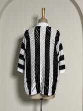 Load image into Gallery viewer, Black &amp; White Stripe Crochet Knit Cardigan &amp; Pant Set
